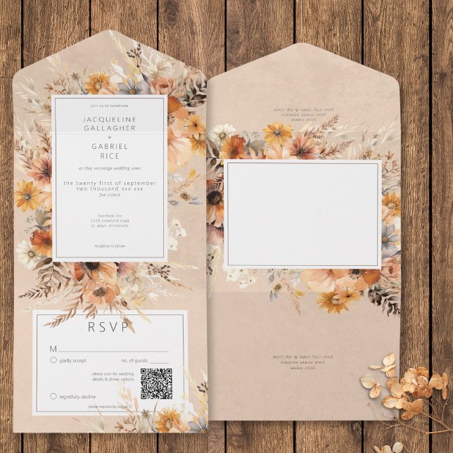 Russo Boho Fall Peach & Rust Floral Código QR (Rustic Boho Fall Peach & Rust Floral QR Code All In One Invitation)