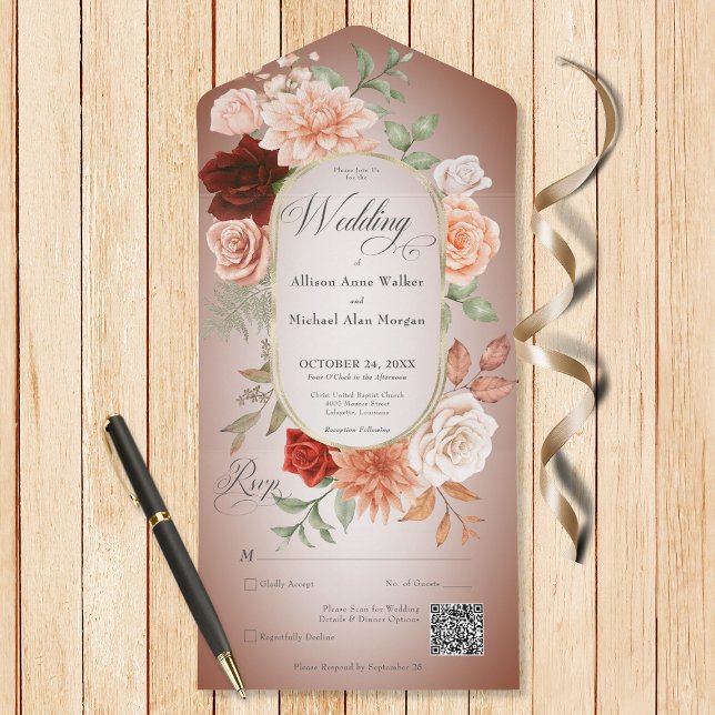 Russo Boho Rust e Peach Floral Oval Rust Código QR (Also available without a QR code; with or without dinner selection options.)