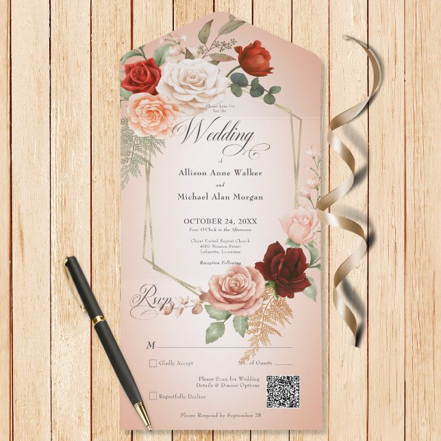 Russo Boho Rust Peach Frame Floral Blush Código QR (Also available without a QR code; with or without dinner selection options.)