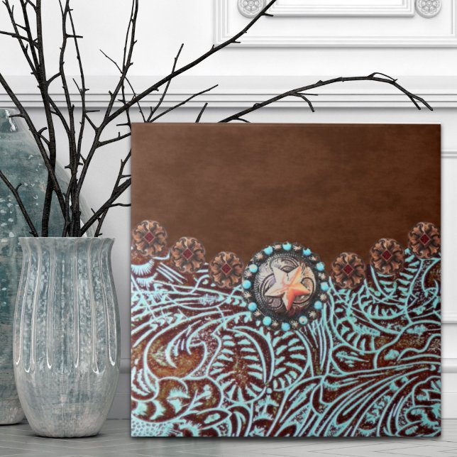 Russo Brown Turquoise Cowboy Ocidental (Rustic Brown Turquoise Cowboy Western Country Ceramic Tile)