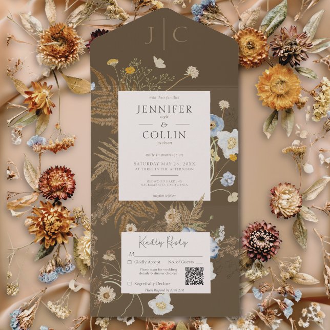 Russo Flores Selvagens Monograma Castanho Código Q (Rustic Wildflowers Monogram Brown QR Code All In One Invitation)