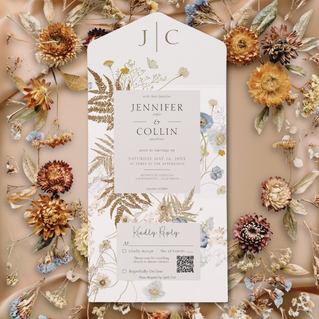 Russo Flores Selvagens Monograma Creme QR Code (Rustic Wildflowers Monogram Cream QR Code All In One Invitation)