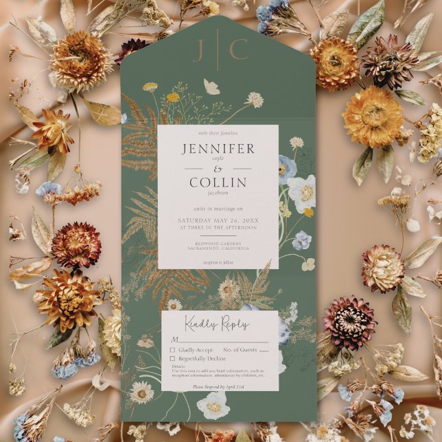 Russo Flores Selvagens Monograma Sage Verde Sem Ja (Rustic Wildflowers Monogram Sage Green No Dinner All In One Invitation)
