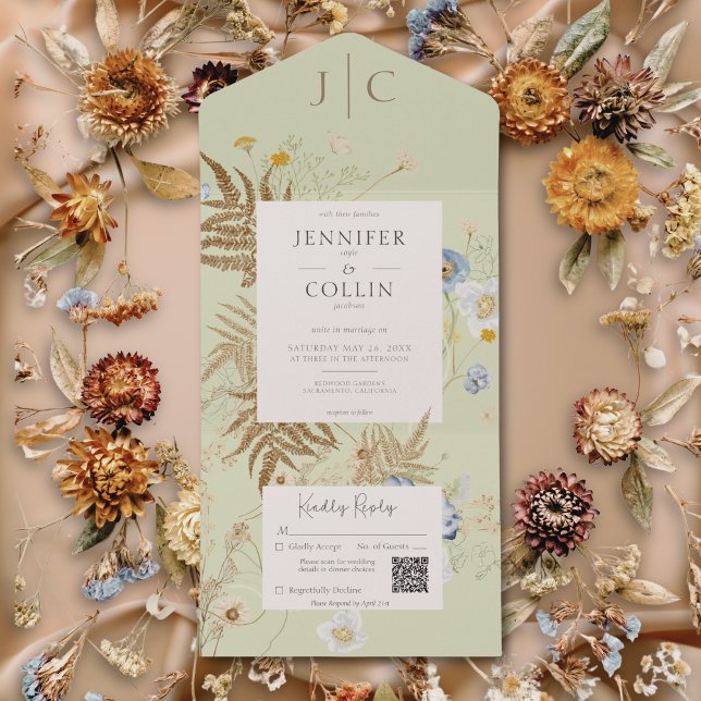 Russo Flores Selvagens Monograma Verde Claro Códig (Rustic Wildflowers Monogram Light Green QR Code All In One Invitation)