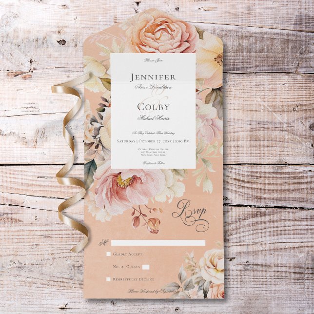Russo Rosa Romântico e Rosas Esmagadores Pêssego S (Rustic Romantic Pink & Blush Roses Peach No Dinner All In One Invitation)