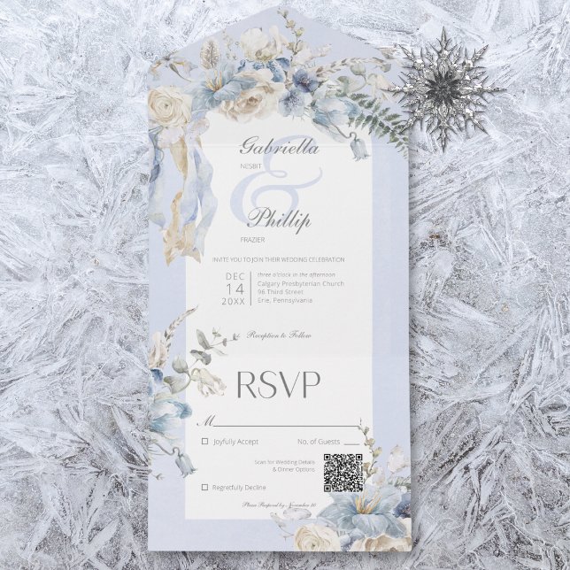 Russo Winter Frosty Blue & White Floral Code (Available without a QR code; with or without dinner selection options.)