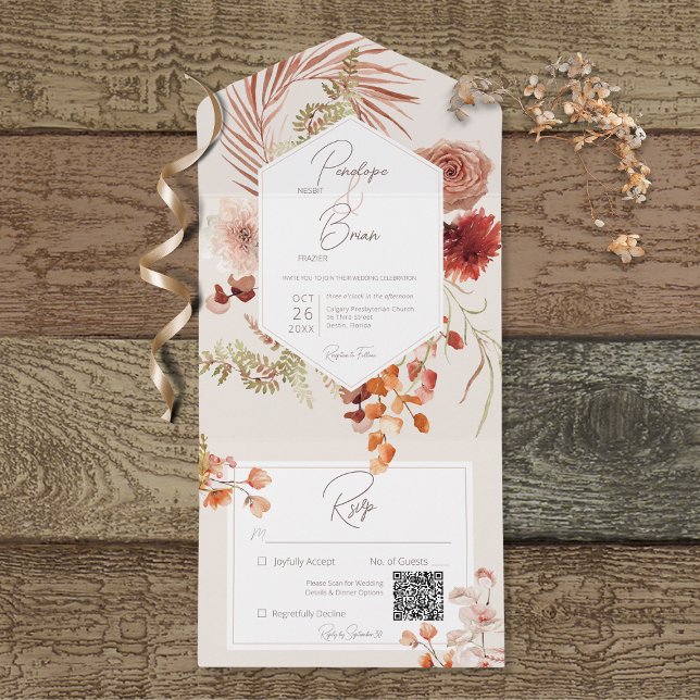 Rust Blush Fall Boho Floral Frame Cream Código QR (Criador carregado)