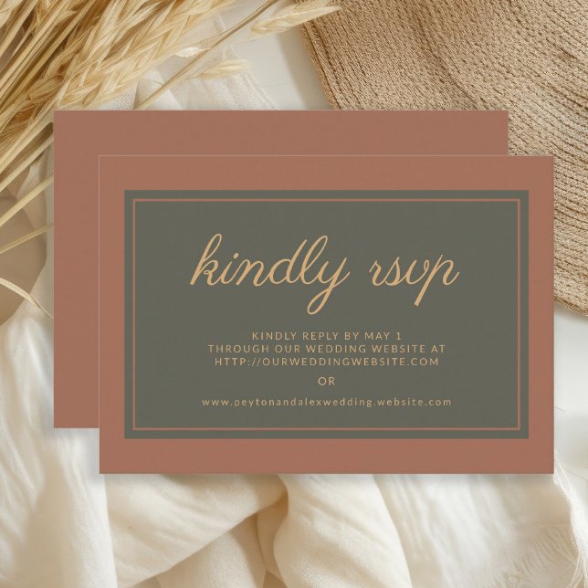 Rust Burnt Orange Olive Green Kindly RSVP (Terracotta/burnt orange and dark olive/sage green wedding RSVP card)