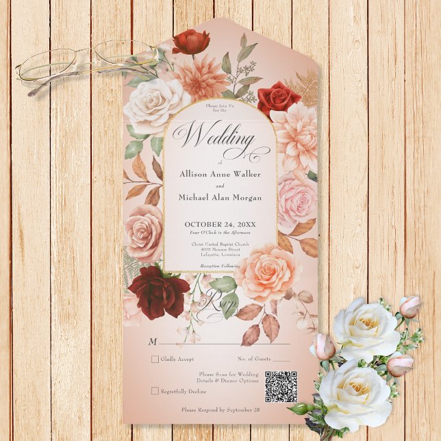 Rust do Boho Russo e Peach Arch Floral Código QR (Also available without a QR code; with or without dinner selection options.)