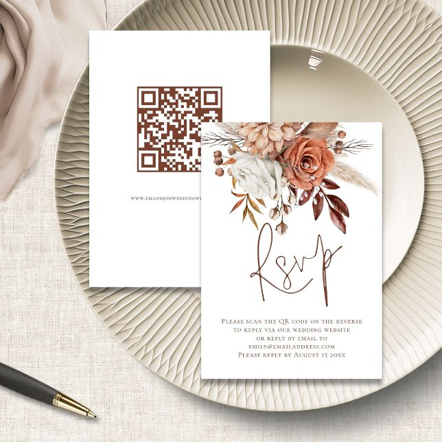 Rust Floral Brown Script QR Code Weding RSVP (front and back view)