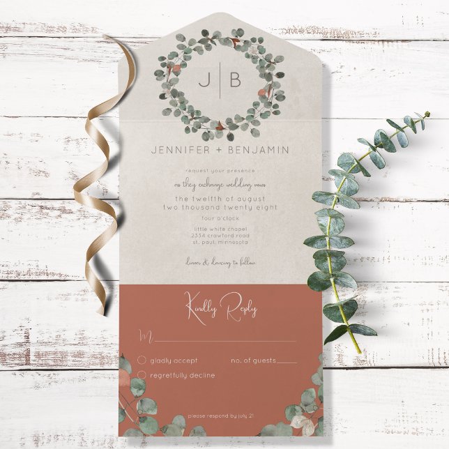Rust & Green Eucalyptus moderno sem Janto (Also available with a QR code or with dinner selection options.)