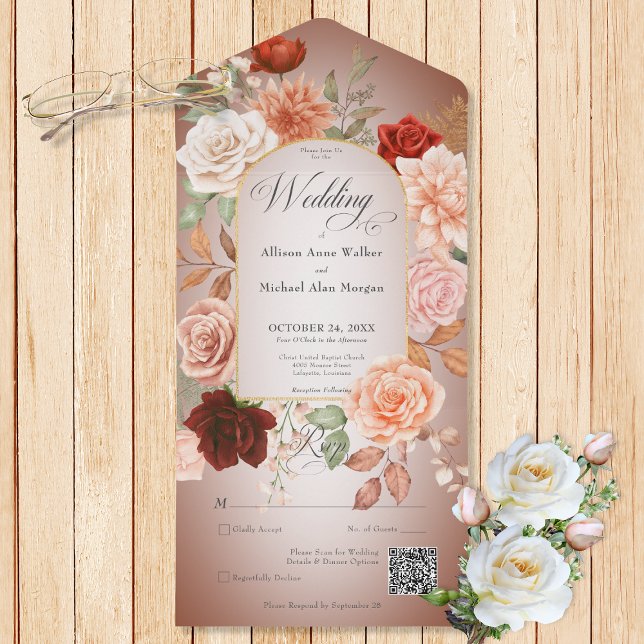 Rust Russo Boho & Peach Floral Arch Rust Código QR (Also available without a QR code; with or without dinner selection options.)