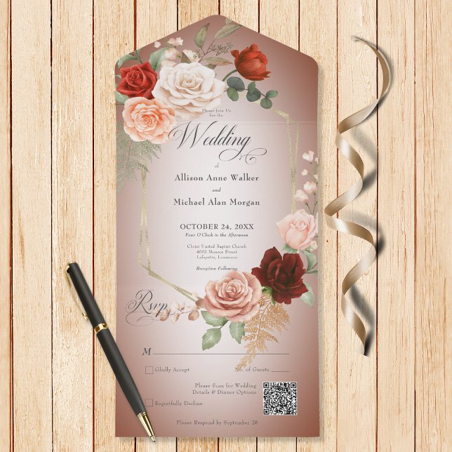 Rust Russo Boho & Peach Floral Frame Rust Código Q (Also available without a QR code; with or without dinner selection options.)