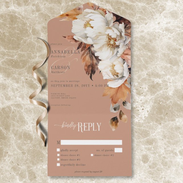 Rust Rustic & Cream Fall Floral & Leaves Janto (Rustic Rust & Cream Fall Floral & Leaves Dinner All In One Invitation)