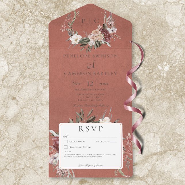 Rust Vintage Floral Wreath No Janta (Rust Vintage Floral Wreath No Dinner All In One Invitation)