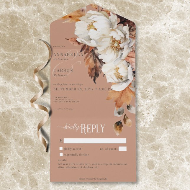 Rusta russa e queda de creme floral e deixa sem Ja (Rustic Rust & Cream Fall Floral & Leaves No Dinner All In One Invitation)