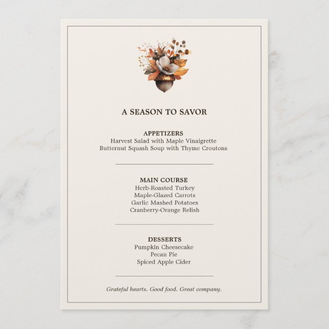 Rustic Acorn Floral Ivory Thanksgiving Dinner Menu (Frente)