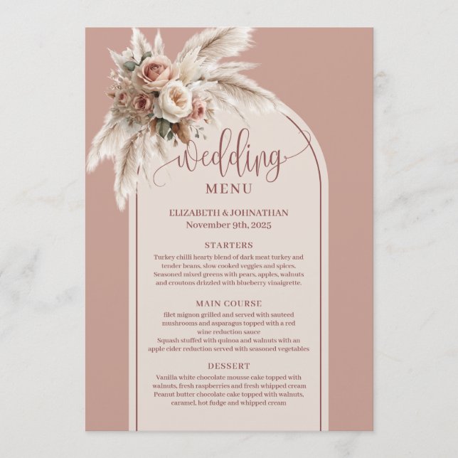 Rustic Arch Pastel Pink Pampas Floral Wedding Menu (Frente)