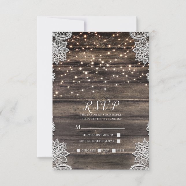 Rustic Ash Brown Wood Lights Casamento RSVP (Frente)