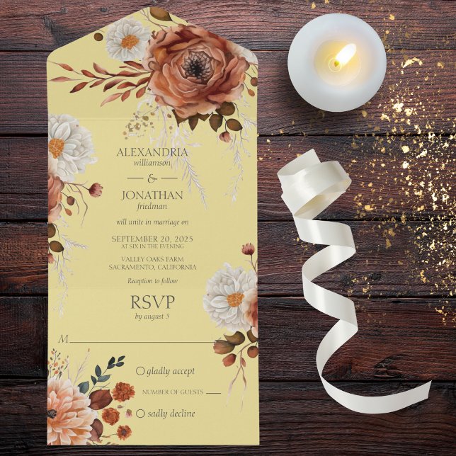 Rustic Autumn Floral em Dourado (Also available with QR code or dinner options. )
