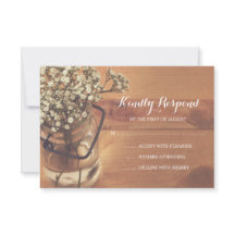 Rustic Baby's Breath Mason Jar Wood Wedding RSVP