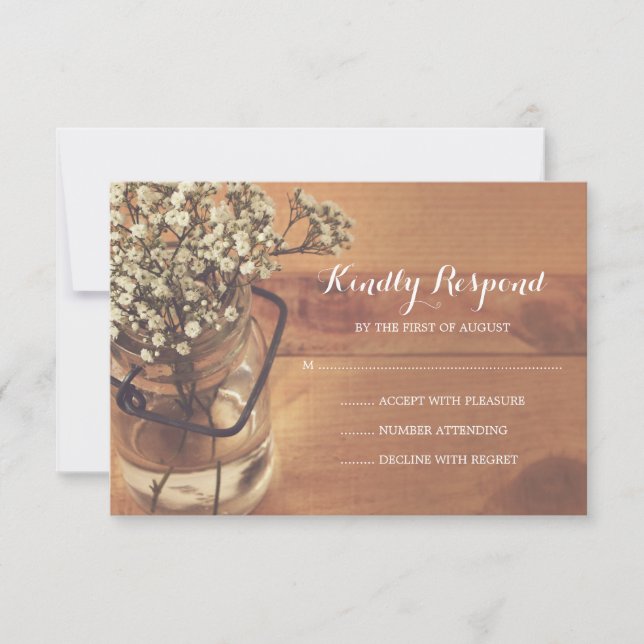 Rustic Baby's Breath Mason Jar Wood Wedding RSVP (Frente)