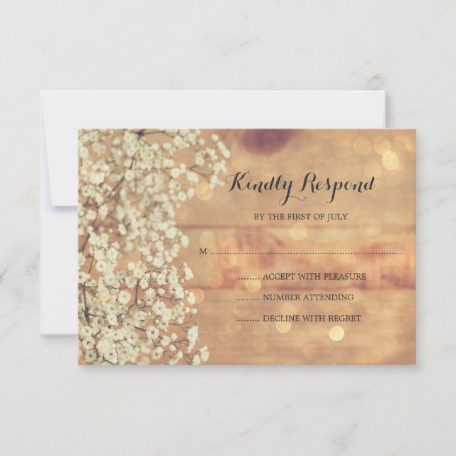 Rustic Baby's Breath Wood Wedding RSVP (Frente)