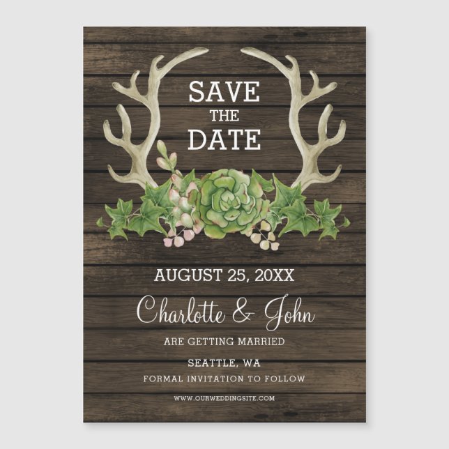 Rustic Barn Wood Antlers Succulentos Salvem Data A (Frente)