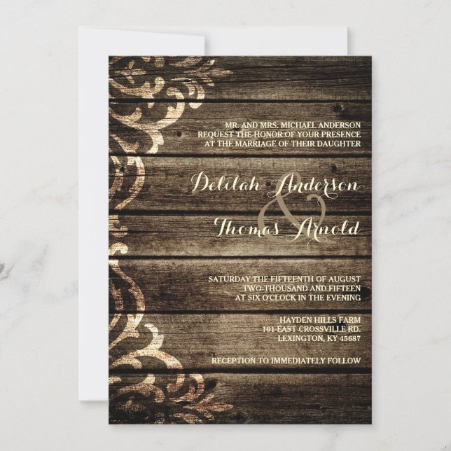 Rustic Barn Wood Damask Casamento vintage Convite (Frente)