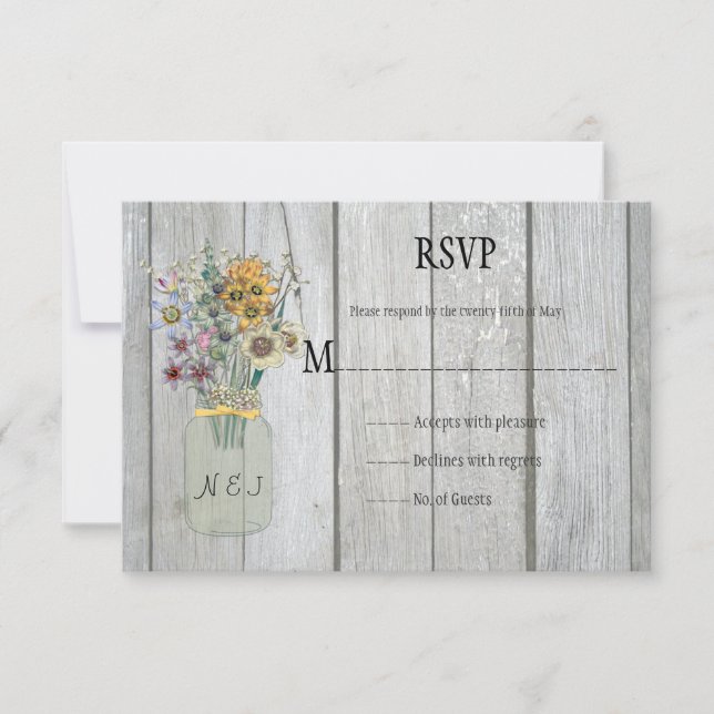 Rustic Barn Wood Mason Jar Wildflower RSVP (Frente)