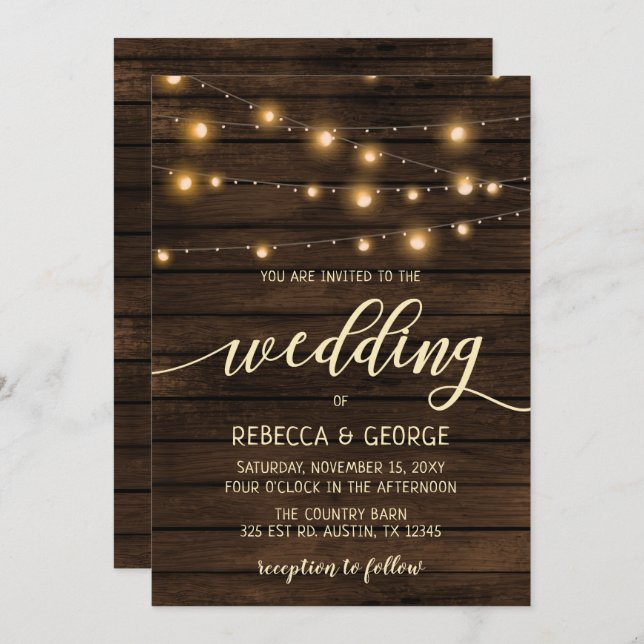 Rustic Barn Wood String Light Convites de casament (Frente/Verso)