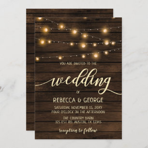 Rustic Barn Wood String Light Convites de casament