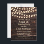 Rustic Barn Wood String Luzes Doce 16 Convite<br><div class="desc">Doce 16 convite de aniversário com um fundo de madeira castanho-escuro rústico e luzes de cordas cintilantes</div>