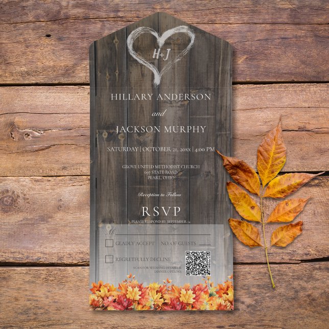 Rustic Barnwood & Fall Deixa Código QR (Rustic Barnwood & Fall Leaves QR Code All In One Invitation)