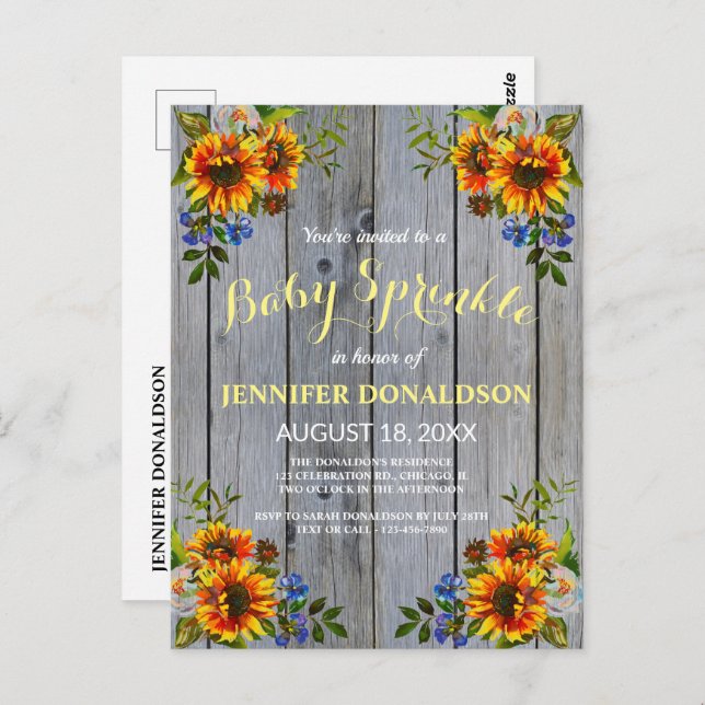Rustic Barnwood Sunflower Baby Sprinkle Convite (Frente/Verso)