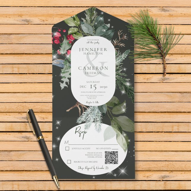 Rustic Black Pine & Holly Winter Sparkle Code (Also available without a QR code; with or without dinner selection options.)
