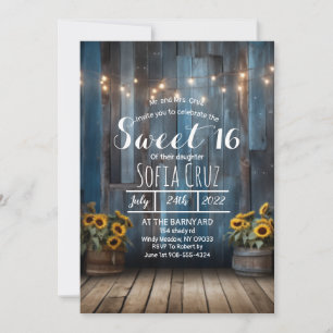 Rustic Blue Barn Sunflower Sweet 16 Convite