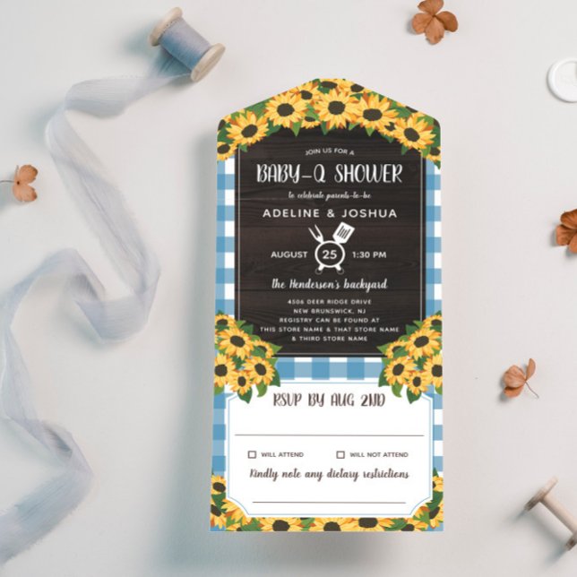Rustic Blue Gingham Sunflower Baby-Q Chá (Criador carregado)