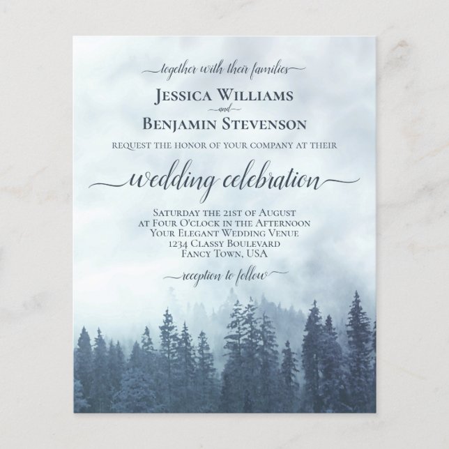 Rustic Blue Pine Trees BUDGET Casamento Convite (Frente)