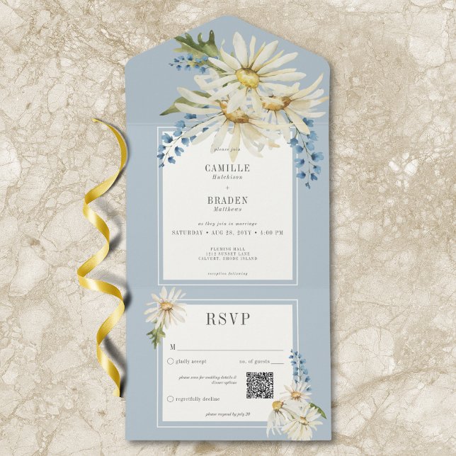 Rustic Blue & White Watercolor Daisie QR Code (Rustic Blue & White Watercolor Daisies QR Code All In One Invitation)