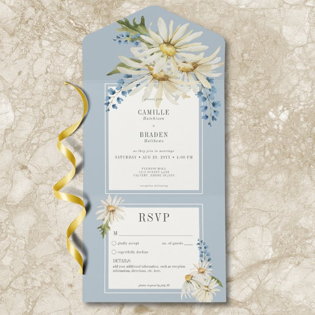 Rustic Blue & White Watercolor Daisie sem Janto (Criador carregado)