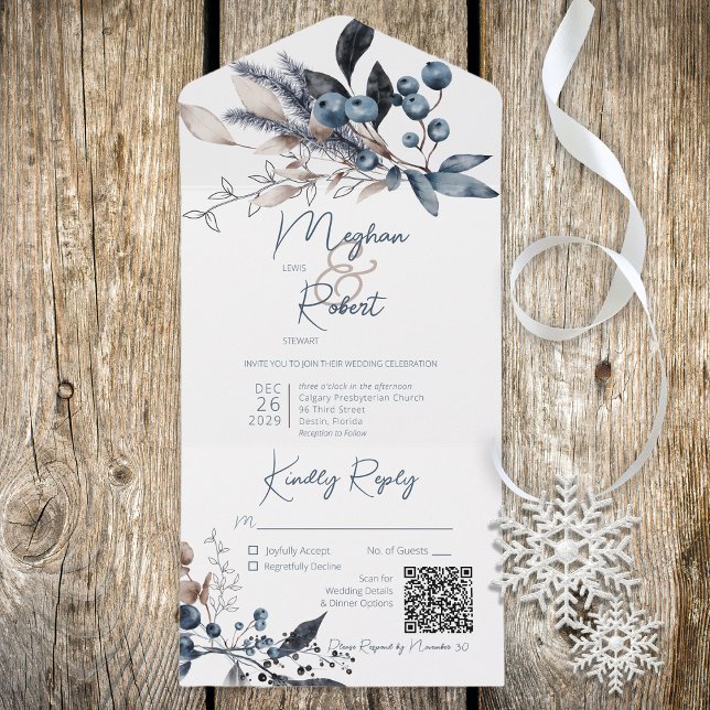 Rustic Blue & White Winter Foliage Código QR (Criador carregado)