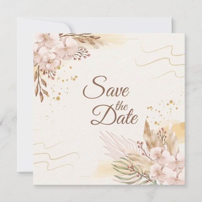 Rustic Blush & Gold Floral Boho Save the Date (Frente)