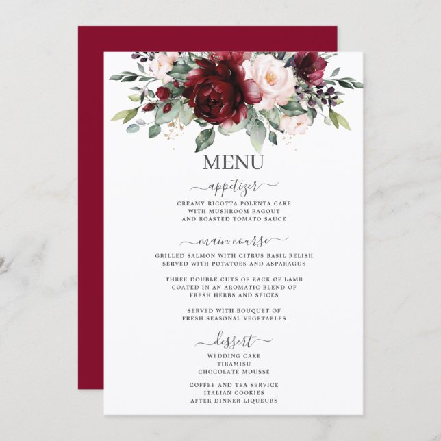 Rustic Blush Pink Burgundy Floral Wedding 5x7 Menu (Frente/Verso)