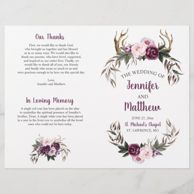 Rustic Boho Antlers Púrpura Penas Rosa De Ameixa (Frente)