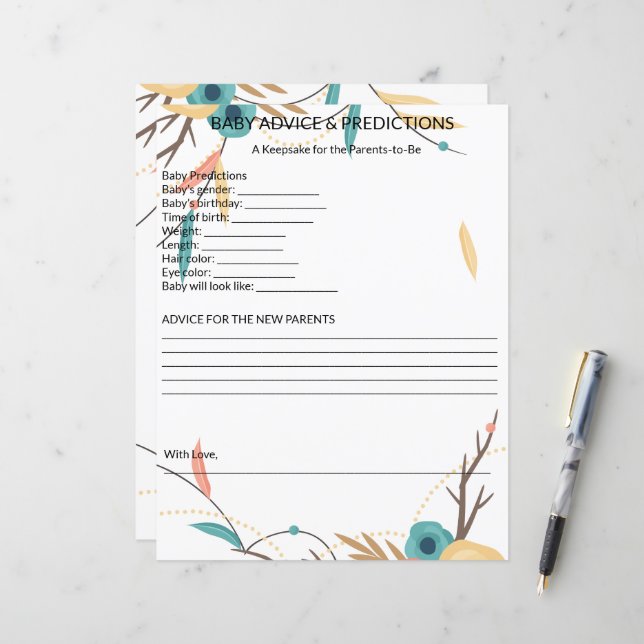 Rustic Boho Baby Shower Baby Advice & Predictions (Frente/Verso In Situ)