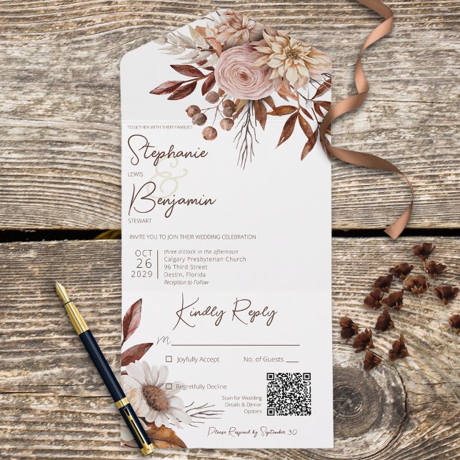 Rustic Boho Blush Neutrals Floral White Código QR (Criador carregado)