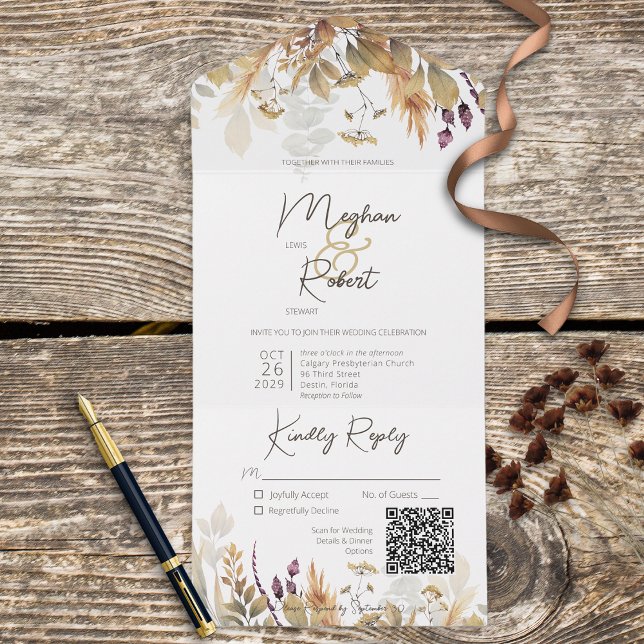 Rustic Boho Fall Wildflower White Código QR (Criador carregado)