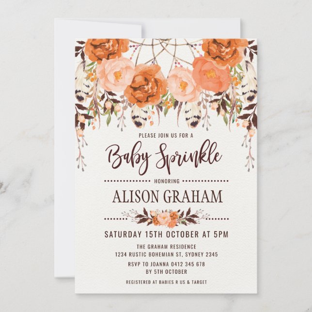 Rustic Boho Floral Autumn Baby Sprinkle Convite (Frente)