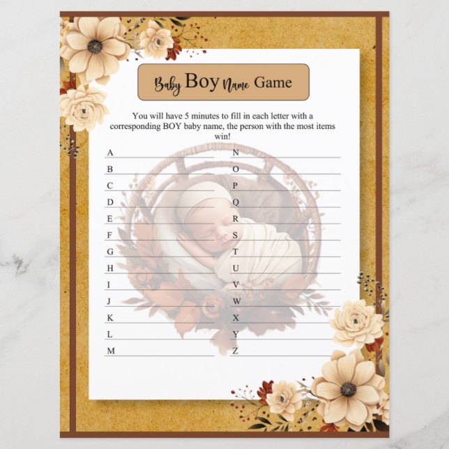 Rustic Boho Floral Chá de fraldas Baby Boy Jogo (Frente)